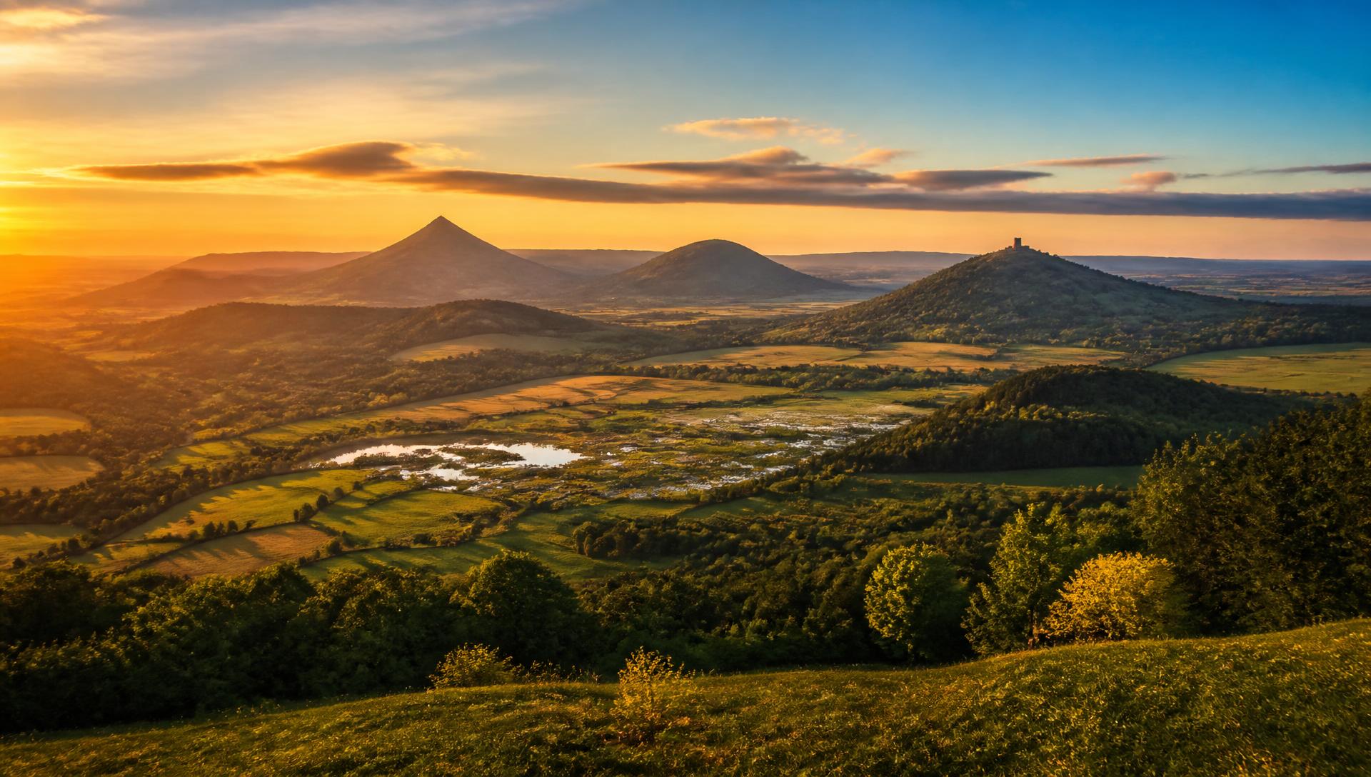 Panorama Středohoří při západu slunce